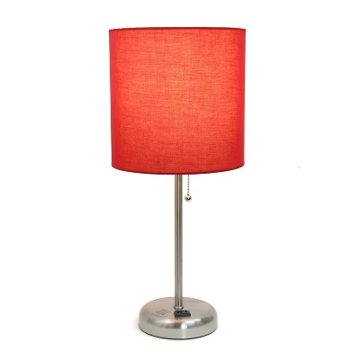 19.5" Bedside Power Outlet Base Metal Table Desk Lamp Brushed Steel With Fabric Shade Red - Creekwood Home 1 19.5" Bedside Power Outlet Base Metal Table Desk Lamp Brushed Steel With Fabric Shade Red - Creekwood Home