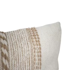 White Oversized 14x36" Hand Woven Decorative Cotton And Jute Lumbar Throw Pillow With Hand Tied Fringe - Foreside Home & Garden