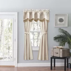 Ellis Curtain Plaza Classic Ticking Stripe Printed On Natural Ground Double Layer Bradford Valance 58" X 15" Tan