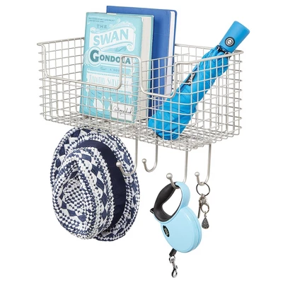 MDesign Metal Storage Organizer Basket With 6 Hooks - Wall Mount 4 MDesign Metal Storage Organizer Basket With 6 Hooks - Wall Mount - Image 4