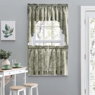 Ellis Curtain Lexington Leaf Pattern On Colored Ground Curtain Tiers Sage 2 Ellis Curtain Lexington Leaf Pattern On Colored Ground Curtain Tiers Sage - Image 2