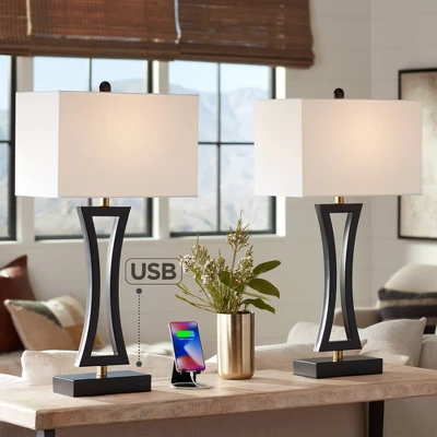360 Lighting Roxie Modern Table Lamps 31" Tall Set Of 2 Black Metal With USB Charging Port White Rectangular Shade For Bedroom Living Room Bedside 1 360 Lighting Roxie Modern Table Lamps 31" Tall Set Of 2 Black Metal With USB Charging Port White Rectangular Shade For Bedroom Living Room Bedside