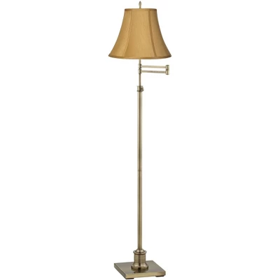 360 Lighting Traditional Swing Arm Floor Lamp Adjustable Height 70" Tall Antique Brass Coppery Gold Fabric Bell Shade Living Room Reading 1 360 Lighting Traditional Swing Arm Floor Lamp Adjustable Height 70" Tall Antique Brass Coppery Gold Fabric Bell Shade Living Room Reading