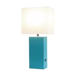 Leather Table Lamp And Fabric Shade Teal - Elegant Designs