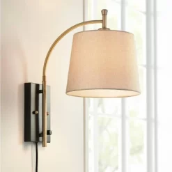 360 Lighting Chester Modern Swing Arm Wall Lamp Brass Black Plug-in Light Fixture Tan Drum Shade For Bedroom Bedside Living Room Reading Home House