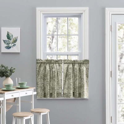 Ellis Curtain Lexington Leaf Pattern On Colored Ground Curtain Tiers Sage 5 Ellis Curtain Lexington Leaf Pattern On Colored Ground Curtain Tiers Sage - Image 5