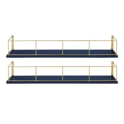 24" X 4" 2pk Benbrook Wood And Metal Floating Wall Shelf Set Blue/Gold - Kate & Laurel All Things Decor