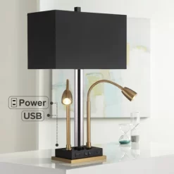 Possini Euro Design Griffin Modern Gooseneck Desk Lamp 31" Tall Gold With USB Charging Port Black Metal Rectangular Shade For Bedroom Living Room Kids