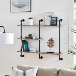 3-Tier Aurora Pipe Wall Shelf Unit Black/Rustic - Danya B.
