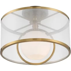 Possini Euro Design Carlyn Modern Art Deco Ceiling Light Semi Flush Mount Fixture 14" Wide Warm Brass Black Orb Organza Drum Shade For Bedroom Kitchen -Northlight Store GUEST 4acc925a 9848 4adf a072 26596db1590c