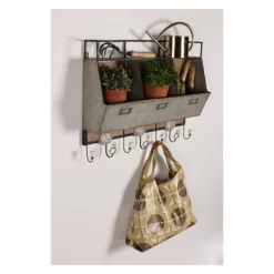 Wall Shelf Tin With 3 Hooks - Gray