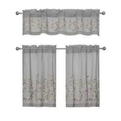 Kate Aurora Shabby Sheer Embroidered Complete 3 Piece Floral Rod Pocket Cafe Kitchen Curtain Tier & Valance Set