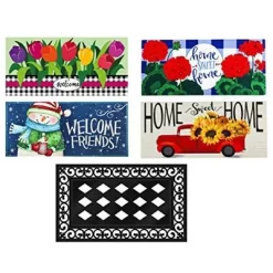 Evergreen Indoor Outdoor Doormat Bundle Set Of 5 - Frame And 4 Welcome Seasonal Inserts Floral Red Truck Snowman