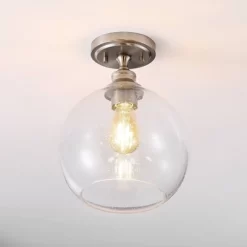 9.75" LED 1-Light Marla Iron/Seeded Glass Pendant Nickel/Clear - JONATHAN Y