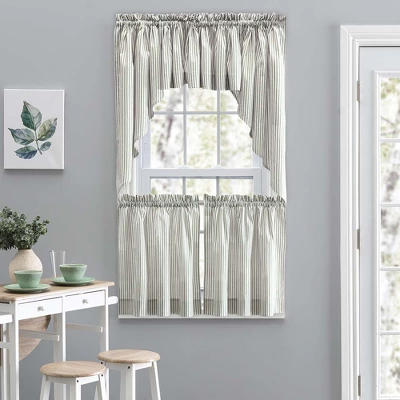 Ellis Curtain Plaza Classic Ticking Stripe Printed On Natural Ground 1.5" Rod Pocket Tailored Tiers Sage 2 Ellis Curtain Plaza Classic Ticking Stripe Printed On Natural Ground 1.5" Rod Pocket Tailored Tiers Sage - Image 2