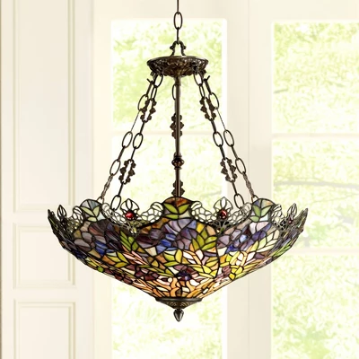Robert Louis Tiffany Bronze Pendant Chandelier 22" Wide Rustic Floral Garden Stained Glass 3-Light Fixture For Dining Room House Foyer Kitchen Island 1 Robert Louis Tiffany Bronze Pendant Chandelier 22" Wide Rustic Floral Garden Stained Glass 3-Light Fixture For Dining Room House Foyer Kitchen Island