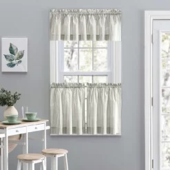 Ellis Curtain Plaza Classic Ticking Stripe Printed On Natural Ground 1.5" Rod Pocket Tailored Tiers Sage