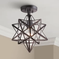 Franklin Iron Works Cuthbert Modern Farmhouse Ceiling Light Semi Flush Mount Fixture 11" Wide Black Iron Moravian Star Clear Glass Panels For Bedroom
