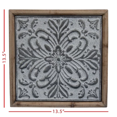 Whitewashed Tin Tile With Wood Frame Wall Decor - Foreside Home & Garden 5 Whitewashed Tin Tile With Wood Frame Wall Decor - Foreside Home & Garden - Image 5