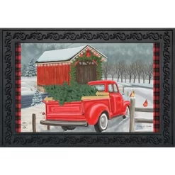 Briarwood Lane Festive Covered Bridge Christmas Doormat Red Pickup Truck Indoor Outdoor 30" X 18"