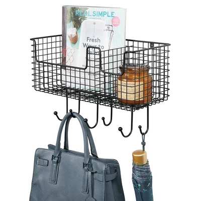 MDesign Metal Storage Organizer Basket With 6 Hooks - Wall Mount 9 MDesign Metal Storage Organizer Basket With 6 Hooks - Wall Mount - Image 9