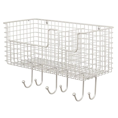 MDesign Metal Storage Organizer Basket With 6 Hooks - Wall Mount 5 MDesign Metal Storage Organizer Basket With 6 Hooks - Wall Mount - Image 5