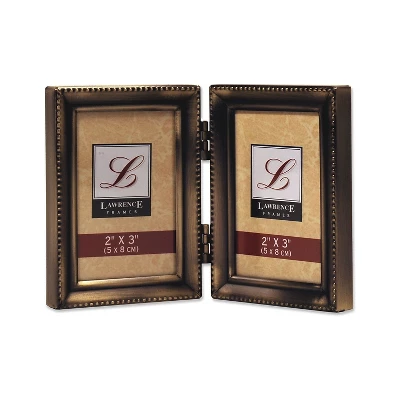 Lawrence Frames Antique Gold Brass Hinged Double 2x3 Picture Frame-Beaded Edge Design 11423D 1 Lawrence Frames Antique Gold Brass Hinged Double 2x3 Picture Frame-Beaded Edge Design 11423D