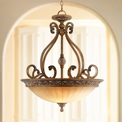 Kathy Ireland Sterling Estate Golden Bronze Pendant Chandelier 26 1/2" Wide Rustic Champagne Bowl Shade 3-Light Fixture For Dining Room Kitchen Island 1 Kathy Ireland Sterling Estate Golden Bronze Pendant Chandelier 26 1/2" Wide Rustic Champagne Bowl Shade 3-Light Fixture For Dining Room Kitchen Island