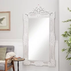 Wood Floral Intricately Carved Acanthus Wall Mirror White - Olivia & May
