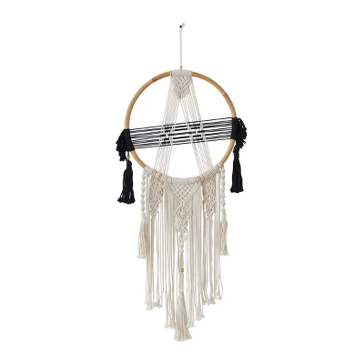 Cotton Macrame Handmade Intricately Weaved Wall Decor With Beaded Fringe Tassels Black - Olivia & May 1 Cotton Macrame Handmade Intricately Weaved Wall Decor With Beaded Fringe Tassels Black - Olivia & May