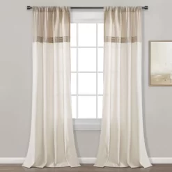 Home Boutique Farmhouse Faux Linen Colorblock Pleated Window Curtain Panels Linen 40X84 Set