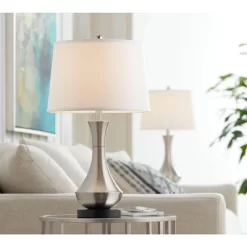 360 Lighting Simon Modern Table Lamps 25 1/2" High Set Of 2 Brushed Nickel With USB Charging Port White Fabric Drum Shade For Bedroom Living Room Desk -Northlight Store GUEST 9720b799 16c4 428e 9769 9e0d90f9cf62