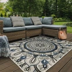 Trinity Bohemian Medallion Patio Area Rug Beige/Blue - Captiv8e Designs