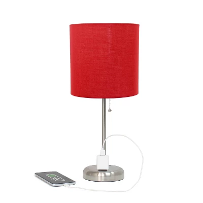19.5" Bedside Power Outlet Base Metal Table Desk Lamp Brushed Steel With Fabric Shade Red - Creekwood Home 2 19.5" Bedside Power Outlet Base Metal Table Desk Lamp Brushed Steel With Fabric Shade Red - Creekwood Home - Image 2
