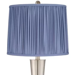 360 Lighting Geoff Modern Table Lamps Set Of 2 26" High Brushed Nickel With USB Charging Port Blue Shirred Shade For Bedroom Living Room House Desk