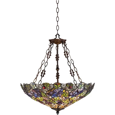 Robert Louis Tiffany Bronze Pendant Chandelier 22" Wide Rustic Floral Garden Stained Glass 3-Light Fixture For Dining Room House Foyer Kitchen Island 5 Robert Louis Tiffany Bronze Pendant Chandelier 22" Wide Rustic Floral Garden Stained Glass 3-Light Fixture For Dining Room House Foyer Kitchen Island - Image 5