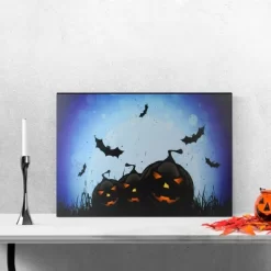 Northlight LED Lighted Jack-O-Lanterns And Bats Halloween Canvas Wall Art 23.5" X 15.5"