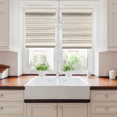 Radiance Brooklyn 46-in Cordless White Distressed Bamboo Roman Shade 1 Radiance Brooklyn 46-in Cordless White Distressed Bamboo Roman Shade