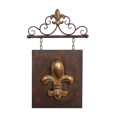 Metal Fleur De Lis Suspended Wall Decor With Scrollwork Hanger Bronze - Olivia & May 3 Metal Fleur De Lis Suspended Wall Decor With Scrollwork Hanger Bronze - Olivia & May - Image 3
