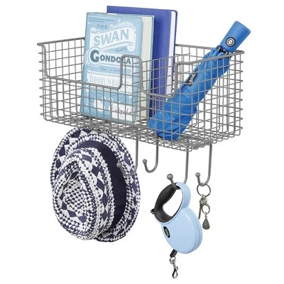 MDesign Metal Storage Organizer Basket With 6 Hooks - Wall Mount 8 MDesign Metal Storage Organizer Basket With 6 Hooks - Wall Mount - Image 8
