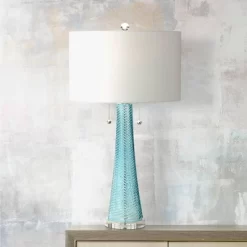 Possini Euro Design Modern Table Lamps 28.5" Tall Set Of 2 Light Sky Blue Fluted Glass White Drum Shade For Living Room Bedroom Office Family -Northlight Store GUEST cc70cf51 11c5 4293 86bb 9a8e958c559e