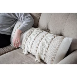 White Oversized 14x36" Hand Woven Decorative Cotton And Jute Lumbar Throw Pillow With Hand Tied Fringe - Foreside Home & Garden -Northlight Store GUEST cfcc725d 7f4e 4d37 9df2 385ab7395319