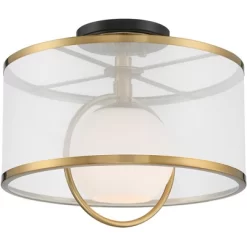 Possini Euro Design Carlyn Modern Art Deco Ceiling Light Semi Flush Mount Fixture 14" Wide Warm Brass Black Orb Organza Drum Shade For Bedroom Kitchen -Northlight Store GUEST e6269b9b 9176 4435 9395 c5ba601a29d1