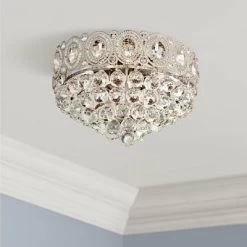 Vienna Full Spectrum Moira Vintage Ceiling Light Flush Mount Fixture 16" Wide Satin Nickel 6-Light Clear Crystal Balls For Bedroom Kitchen Living Room
