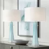 Possini Euro Design Modern Table Lamps 28.5" Tall Set Of 2 Light Sky Blue Fluted Glass White Drum Shade For Living Room Bedroom Office Family