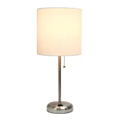 19.5" Bedside Power Outlet Base Metal Table Desk Lamp Brushed Steel With Fabric Shade White - Creekwood Home