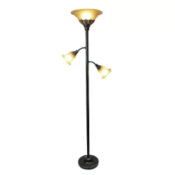 Torchiere Floor Lamp With 2 Reading Lights And Scalloped Glass Shades Restoration Bronze - Lalia Home